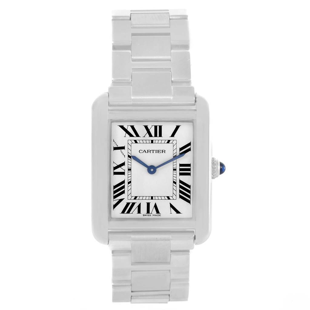 The image shows a front view of the Cartier Tank Solo W5200013 Women's Stainless Steel Silver Dial W5200013 Women's Stainless Steel Silver Dial watch, displaying the face, bezel, and part of the bracelet.
