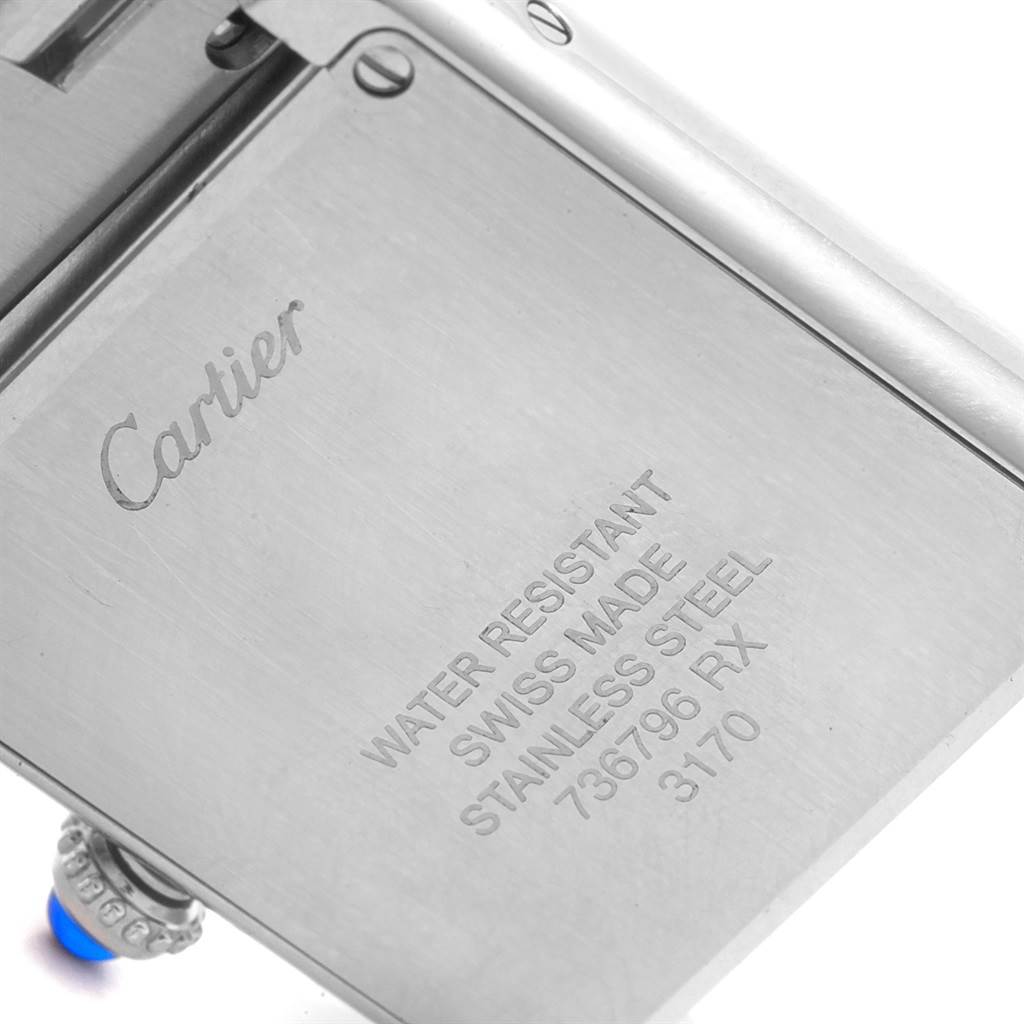 The image shows the back case and crown of the Cartier Tank Solo W5200013 Women's Stainless Steel Silver Dial W5200013 Women's Stainless Steel Silver Dial watch.