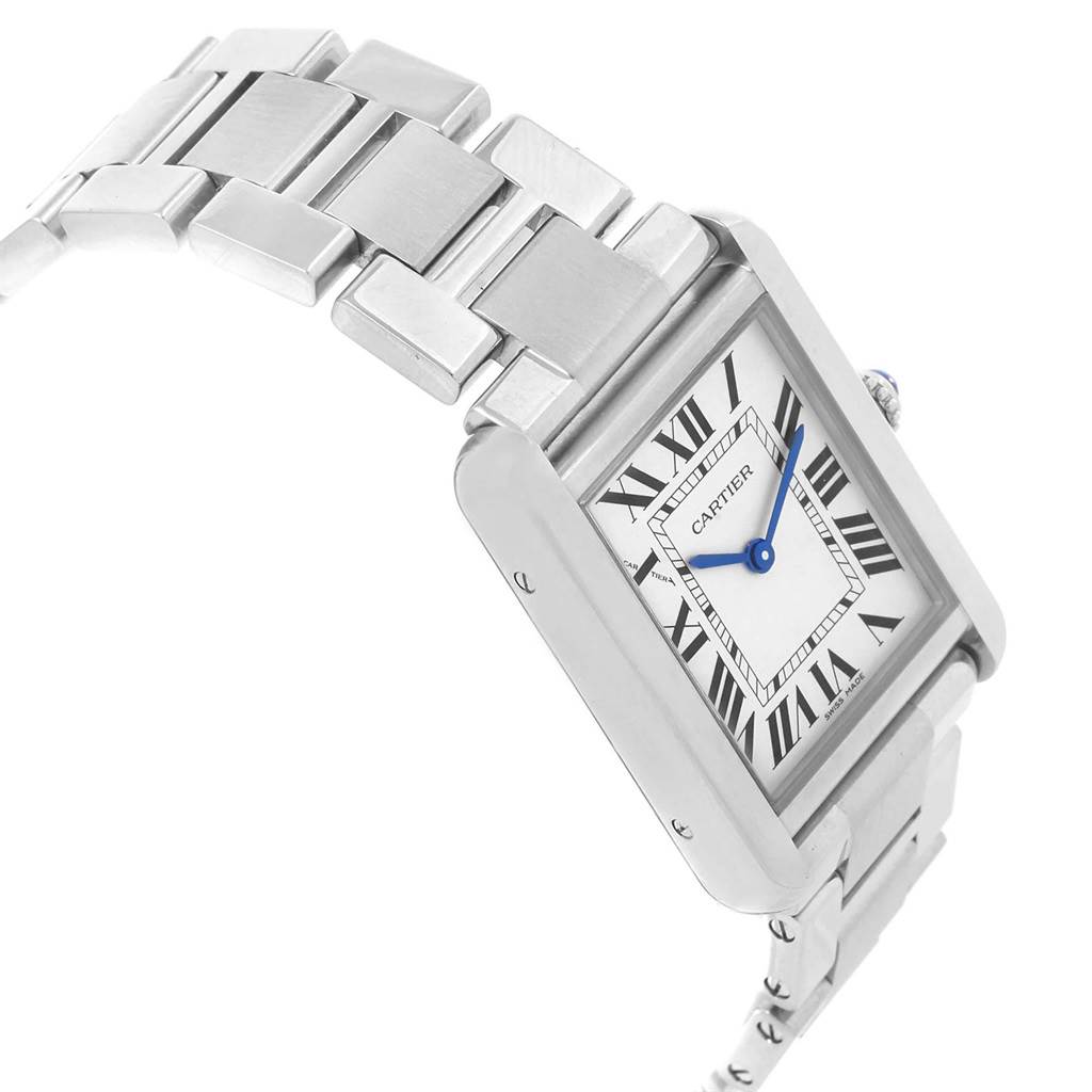 The image shows a side angle of a Cartier Tank Solo W5200013 Women's Stainless Steel Silver Dial W5200013 Women's Stainless Steel Silver Dial watch, highlighting its rectangular face, Roman numerals, and metal bracelet.