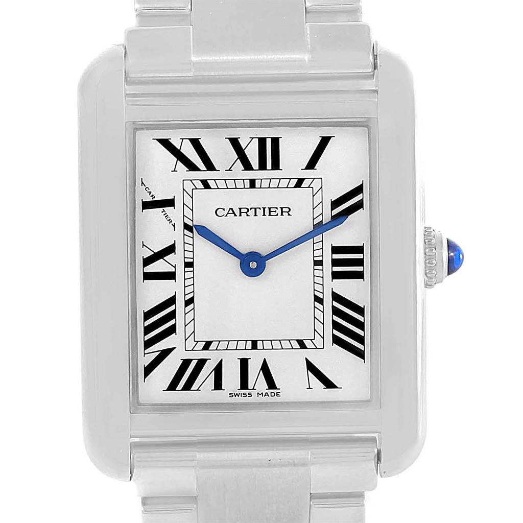 This image shows the front view of the Cartier Tank Solo W5200013 Women's Stainless Steel Silver Dial W5200013 Women's Stainless Steel Silver Dial watch, highlighting the face, hands, Roman numerals, and the crown with a blue cabochon.
