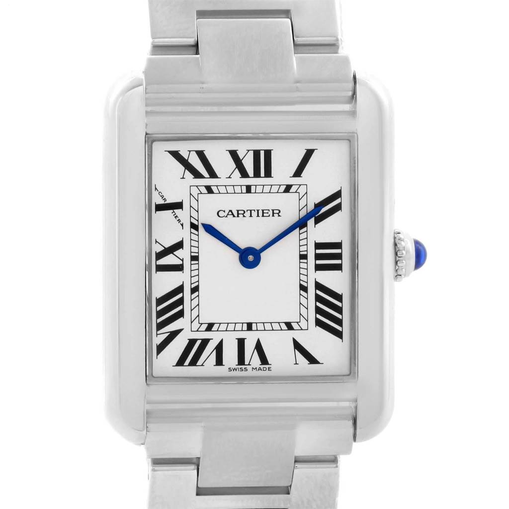 The Cartier Tank Solo W5200013 Women's Stainless Steel Silver Dial W5200013 Women's Stainless Steel Silver Dial watch is shown from a front angle, displaying its rectangular face, Roman numerals, and blue hands.