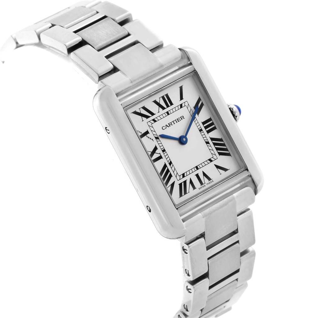 The image shows a Cartier Tank Solo W5200013 Women's Stainless Steel Silver Dial W5200013 Women's Stainless Steel Silver Dial watch at an angled side view, highlighting its rectangular face, Roman numerals, and stainless steel bracelet.