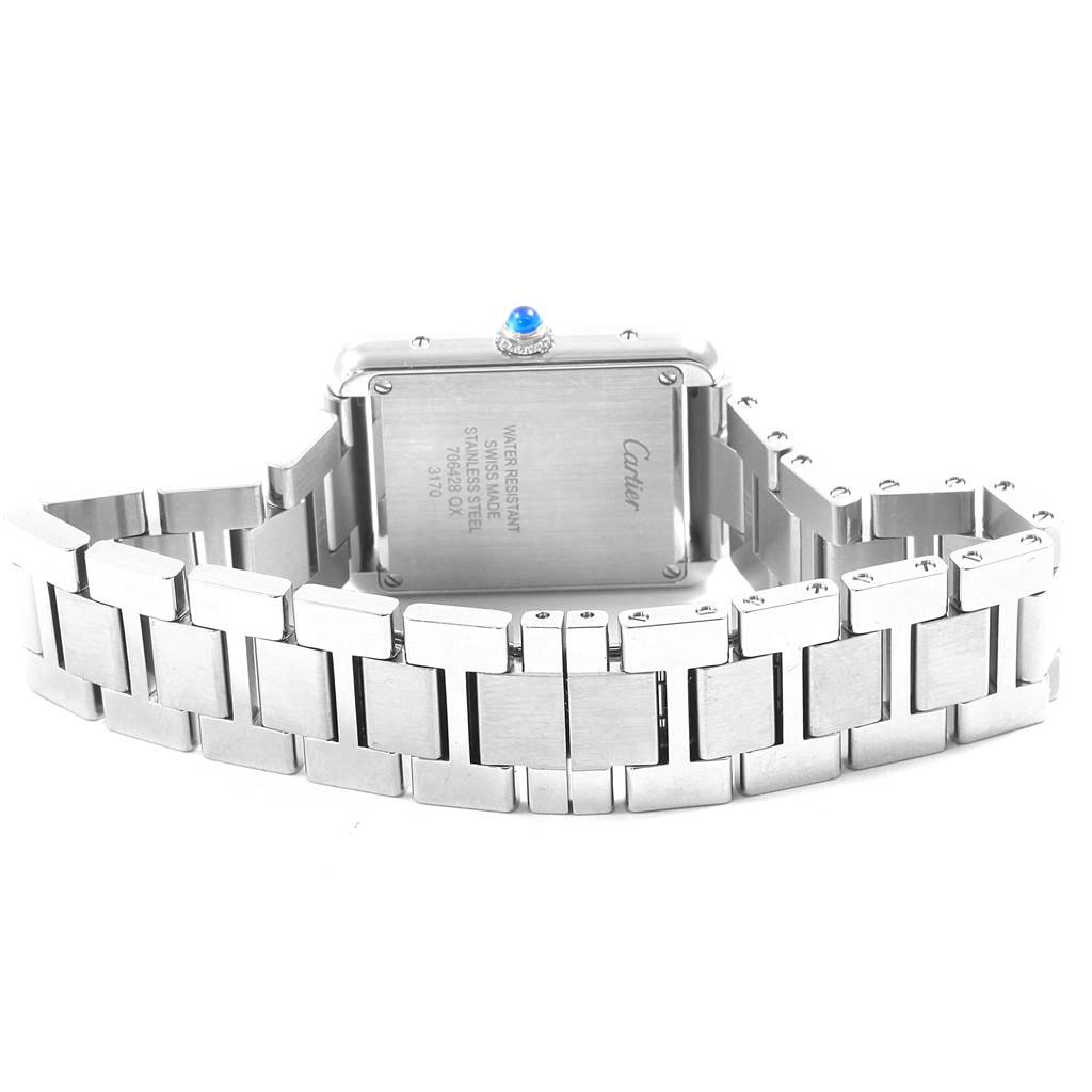 The image shows the back case and stainless steel bracelet of the Cartier Tank Solo W5200013 Women's Stainless Steel Silver Dial W5200013 Women's Stainless Steel Silver Dial watch.