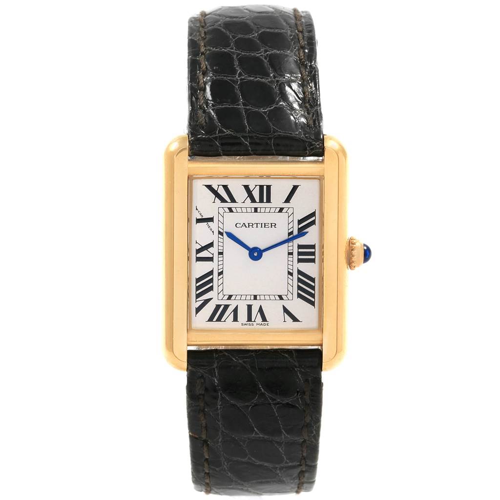 This image shows a Cartier Tank Solo W1018755 Women's Steel and Gold (two tone) Silver Dial W1018755 Women's Steel and Gold (two tone) Silver Dial watch from a front view, displaying its face, Roman numerals, and black leather strap.