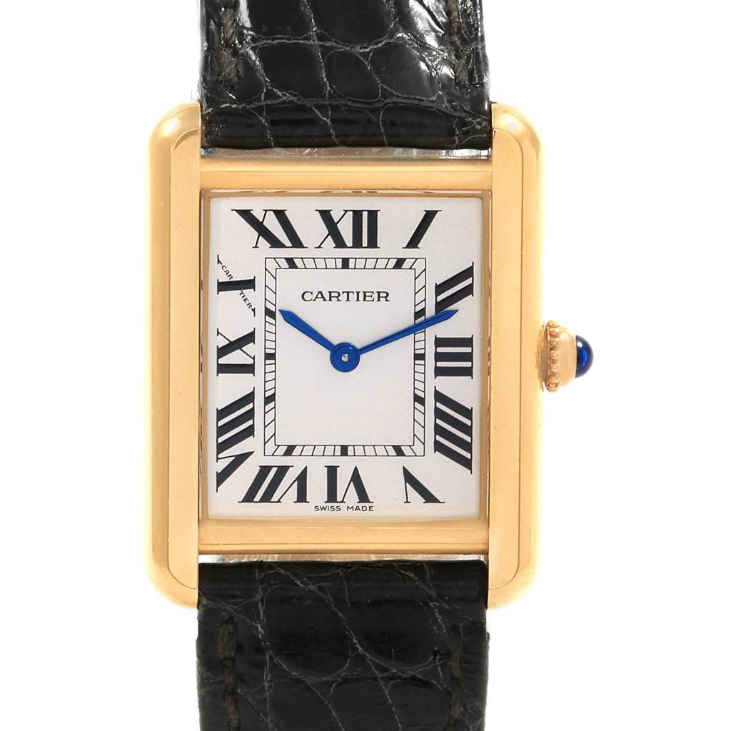 This image shows a close-up, front-facing view of the Cartier Tank Solo W1018755 Women's Steel and Gold (two tone) Silver Dial W1018755 Women's Steel and Gold (two tone) Silver Dial watch, highlighting its dial, case, and strap.