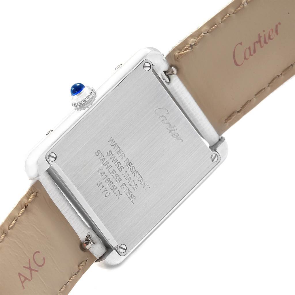The image shows the case back and leather strap of a Cartier Tank Solo W1018255 Women's Stainless Steel Silver Dial W1018255 Women's Stainless Steel Silver Dial watch, highlighting the stainless steel case and branding.