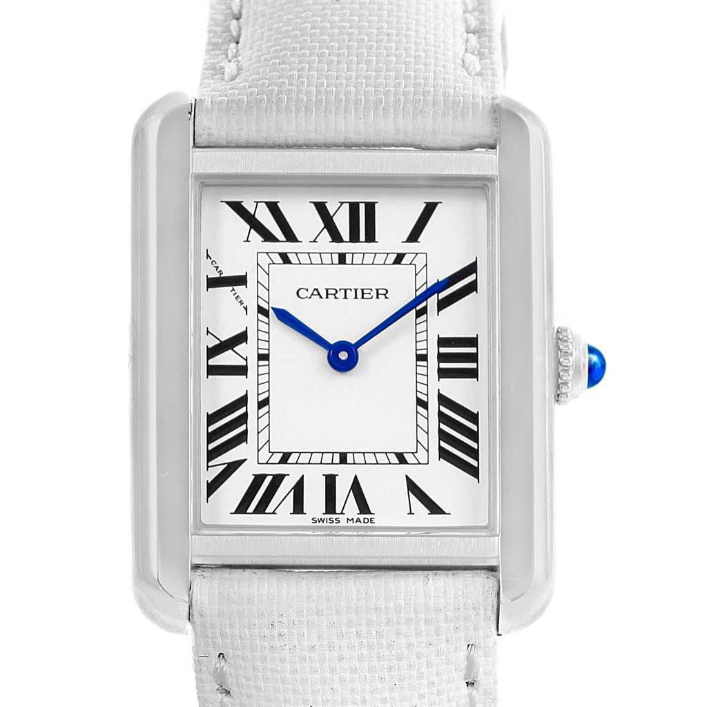 The image shows a front view of a Cartier Tank Solo W1018255 Women's Stainless Steel Silver Dial W1018255 Women's Stainless Steel Silver Dial watch, highlighting the Roman numeral dial and blue hands.