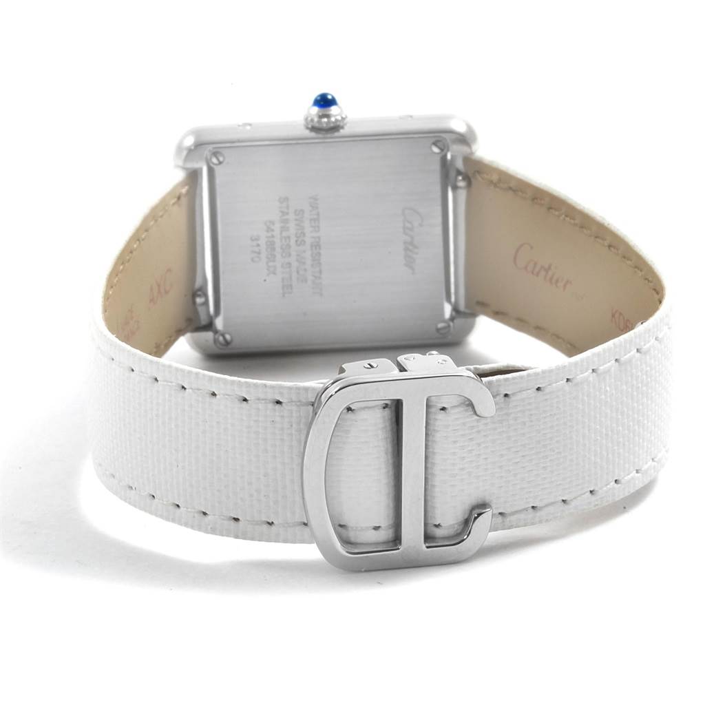The photo shows the back and clasp of a white Cartier Tank Solo W1018255 Women's Stainless Steel Silver Dial W1018255 Women's Stainless Steel Silver Dial watch.
