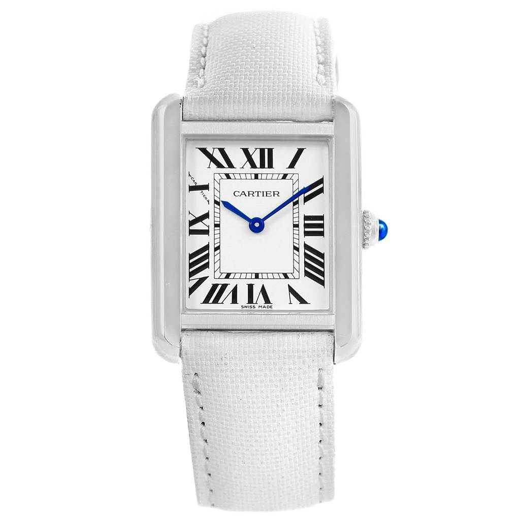 The image shows a frontal view of the Cartier Tank Solo W1018255 Women's Stainless Steel Silver Dial W1018255 Women's Stainless Steel Silver Dial watch, highlighting its rectangular dial, Roman numerals, and white strap.
