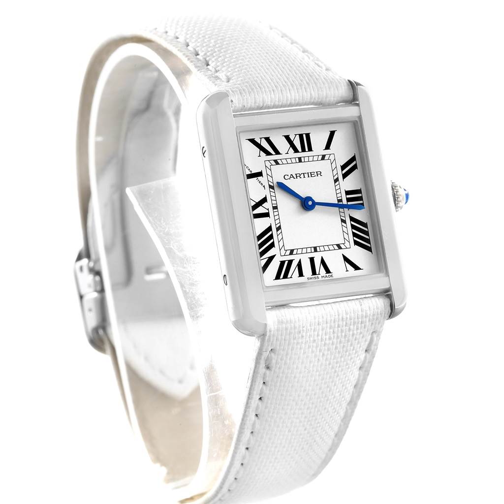 The image shows a Cartier Tank Solo W1018255 Women's Stainless Steel Silver Dial W1018255 Women's Stainless Steel Silver Dial watch at a three-quarter angle, highlighting the face, casing, and part of the white strap.
