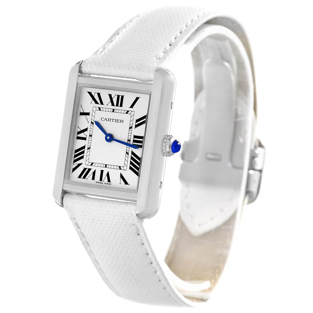 The image shows a Cartier Tank Solo W1018255 Women's Stainless Steel Silver Dial W1018255 Women's Stainless Steel Silver Dial watch at a slight angle, highlighting the face, bezel, and white strap.