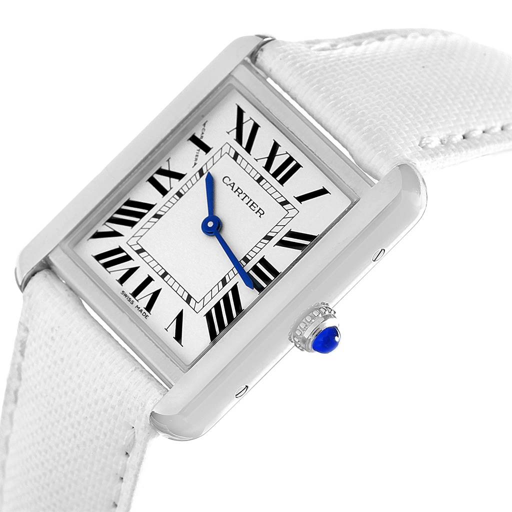 This image shows a close-up angle of the Cartier Tank Solo W1018255 Women's Stainless Steel Silver Dial W1018255 Women's Stainless Steel Silver Dial watch face, crown, and strap.
