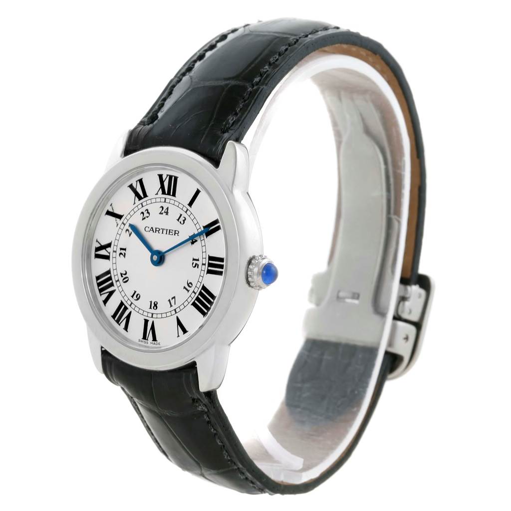 The image shows a Cartier Tank Solo W6700155 Women
s Stainless Steel Silver Dial W6700155 Women
s Stainless Steel Silver Dial watch at an angle, highlighting the watch face, black leather strap, and clasp.