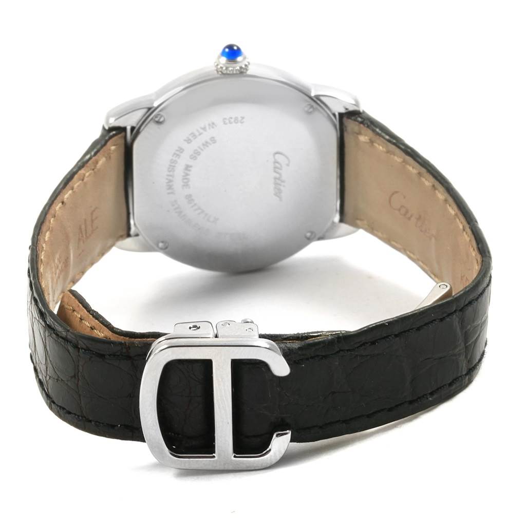 The image shows the back case, crown, and leather strap with a buckle of a Cartier Tank Solo W6700155 Women
s Stainless Steel Silver Dial W6700155 Women
s Stainless Steel Silver Dial watch.