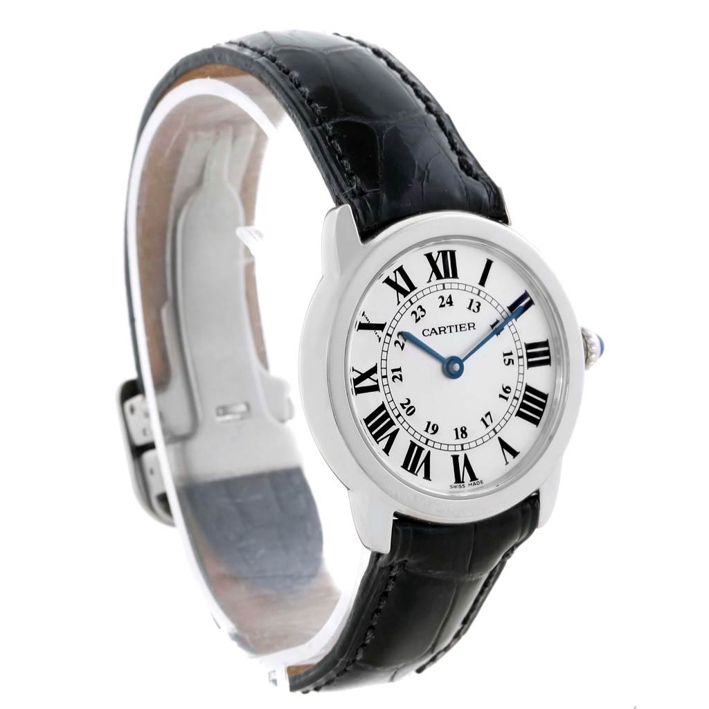 The image shows a Cartier Tank Solo W6700155 Women
s Stainless Steel Silver Dial W6700155 Women
s Stainless Steel Silver Dial watch from a three-quarter front angle, highlighting the face and black leather strap.