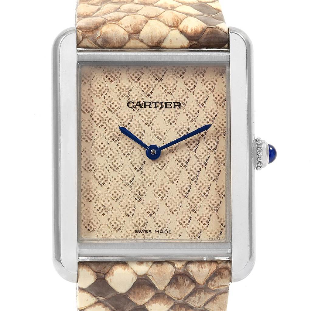 This image shows a straight-on view of the Cartier Tank Solo W5200020 Women's Stainless Steel Blue Dial W5200020 Women's Stainless Steel Blue Dial watch, highlighting its face, hands, and patterned strap.