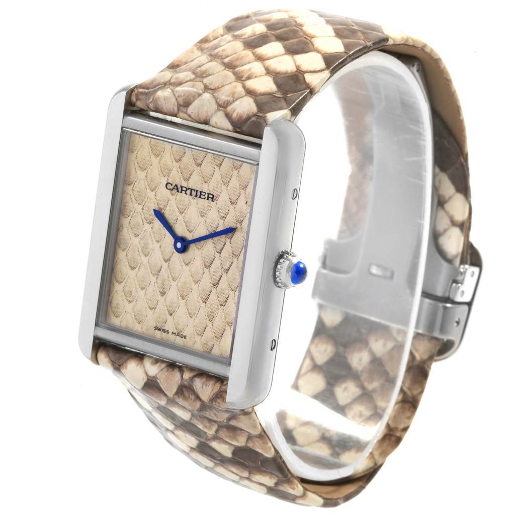 The image shows a Cartier Tank Solo W5200020 Women's Stainless Steel Blue Dial W5200020 Women's Stainless Steel Blue Dial watch angled from the front left, highlighting the face, bezel, crown, and the reptile-skin strap.