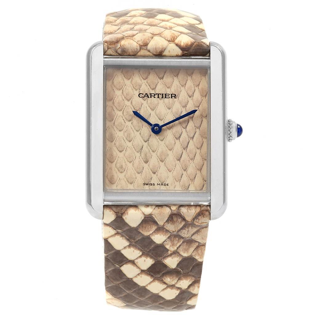 The Cartier Tank Solo W5200020 Women's Stainless Steel Blue Dial W5200020 Women's Stainless Steel Blue Dial watch is shown from the front, highlighting its snake-skin patterned strap and dial.