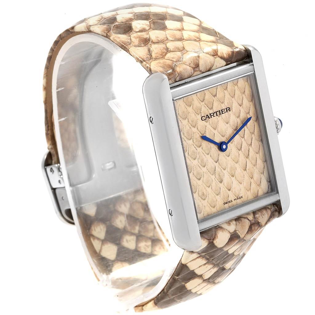 This image shows a Cartier Tank Solo W5200020 Women's Stainless Steel Blue Dial W5200020 Women's Stainless Steel Blue Dial watch from a front angled view, highlighting the face and leather strap with a reptile-skin texture.