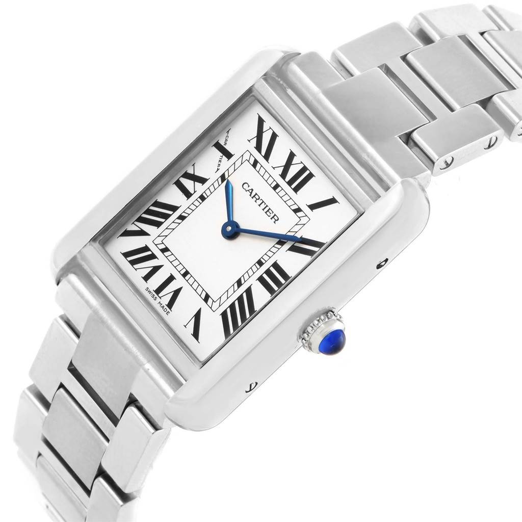 The image shows a Cartier Tank Solo W5200013 Women's Stainless Steel Silver Dial W5200013 Women's Stainless Steel Silver Dial watch from an angled view, highlighting its rectangular face, Roman numerals, and stainless steel bracelet.