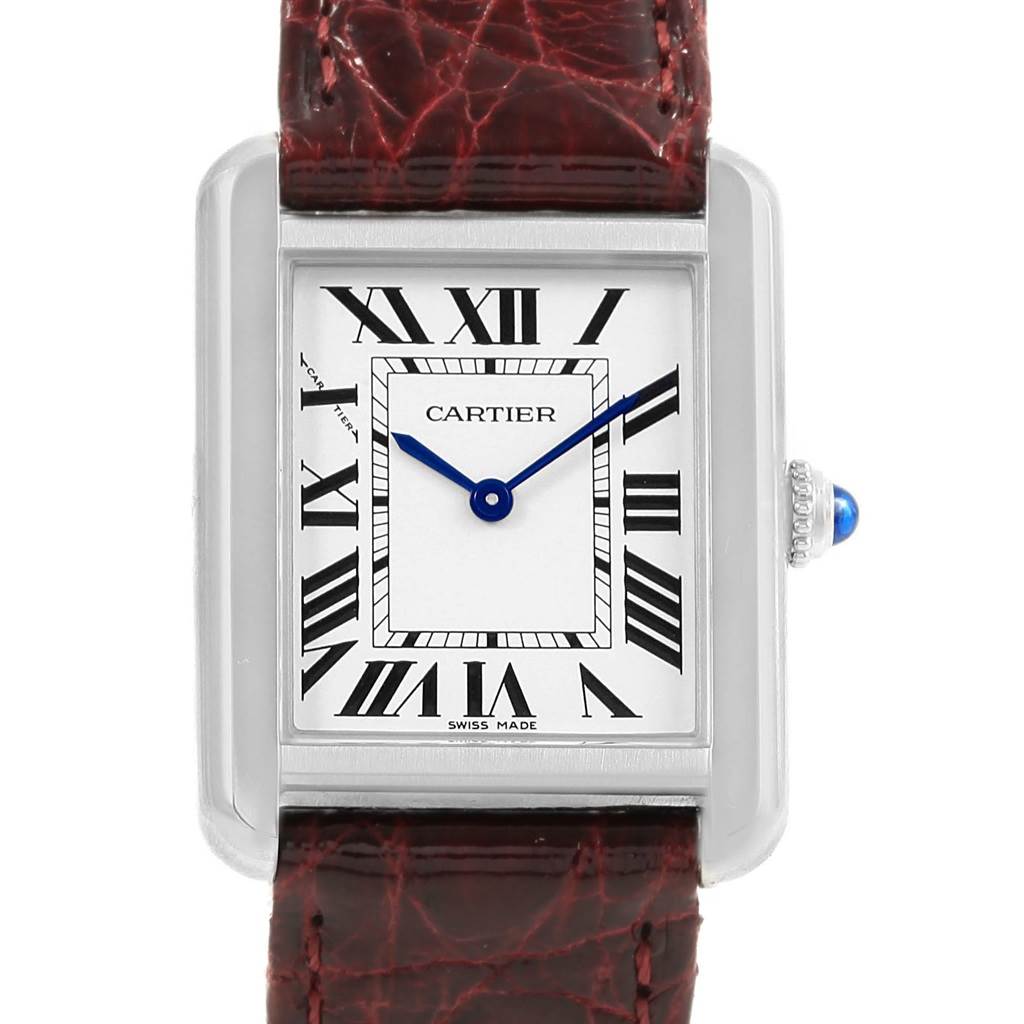 The image shows a Cartier Tank Solo 19908 Women
s Stainless Steel Silver Dial 19908 Women
s Stainless Steel Silver Dial watch head-on, highlighting the dial, stainless steel case, and part of the leather strap.