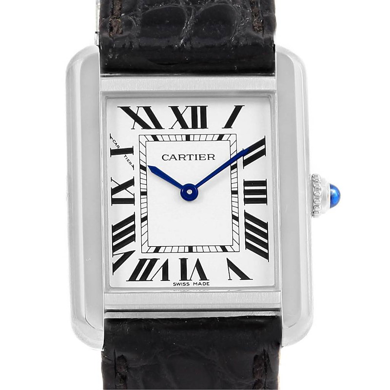 The image shows a front view of the Cartier Tank Solo watch, highlighting the dial, hour markers, blue hands, and part of the leather strap.