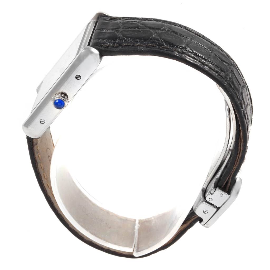 This image shows a Cartier Tank Solo W1018255 Women's Stainless Steel Silver Dial W1018255 Women's Stainless Steel Silver Dial watch from a side angle, highlighting the crown, case, and black strap.