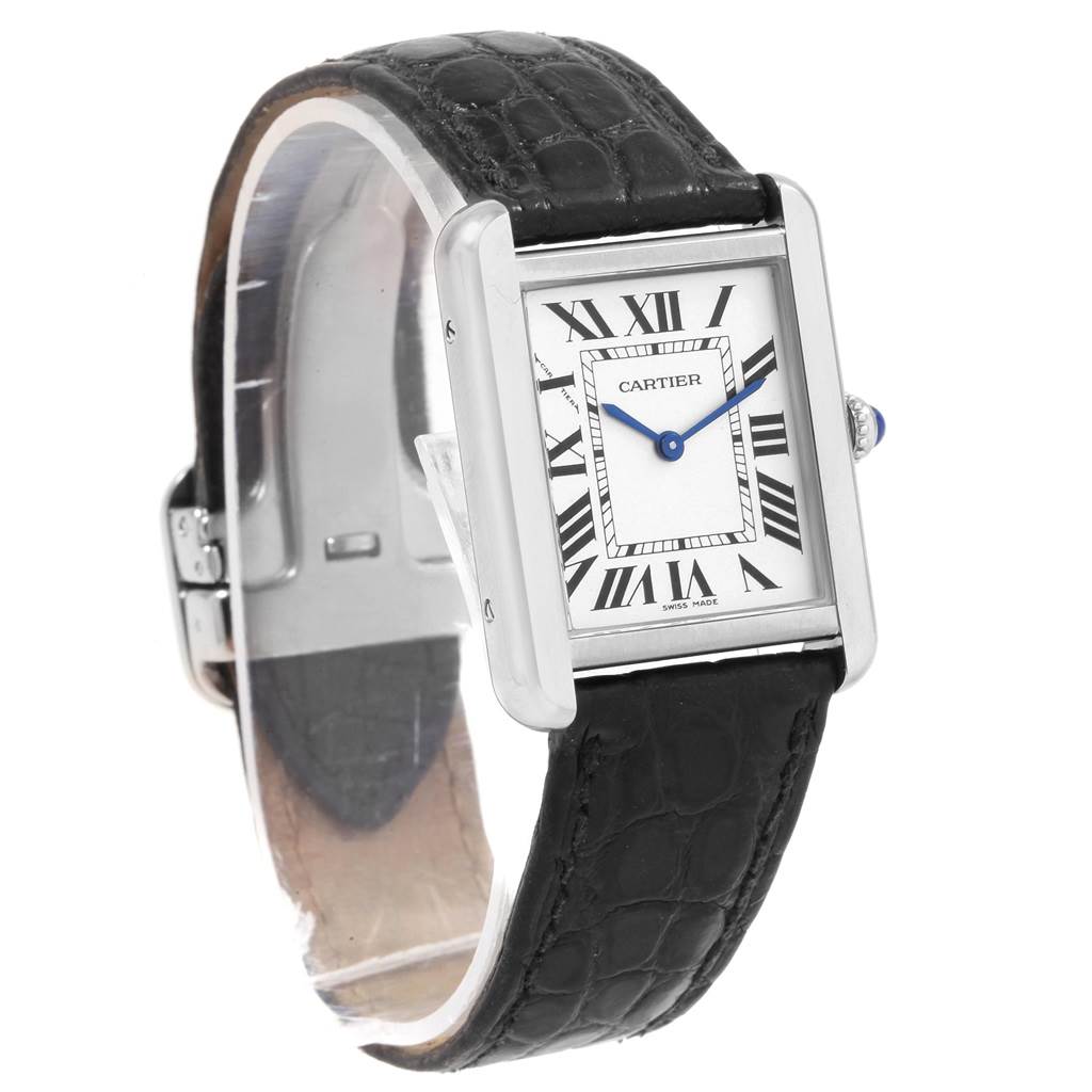 The image shows a Cartier Tank Solo W1018255 Women's Stainless Steel Silver Dial W1018255 Women's Stainless Steel Silver Dial watch from a three-quarter angle, highlighting its face, case, and black leather strap.