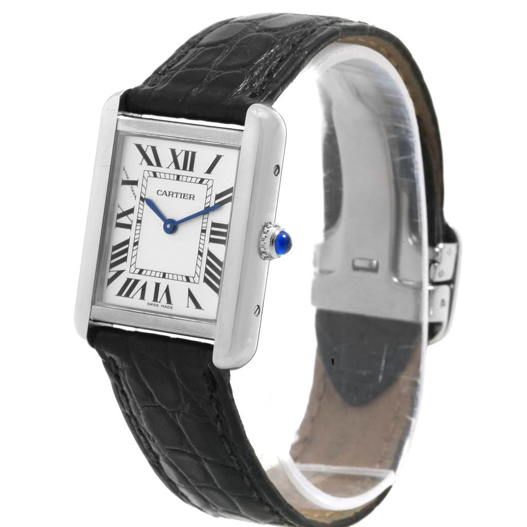 The image shows a Cartier Tank Solo W1018255 Women's Stainless Steel Silver Dial W1018255 Women's Stainless Steel Silver Dial watch angled slightly to the left, displaying the face, crown, and leather strap.