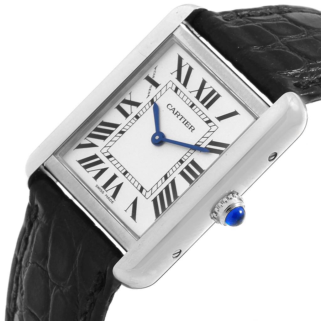 The Cartier Tank Solo W1018255 Women's Stainless Steel Silver Dial W1018255 Women's Stainless Steel Silver Dial watch is angled slightly to show its face, bezel, crown with blue cabochon, and black leather strap.