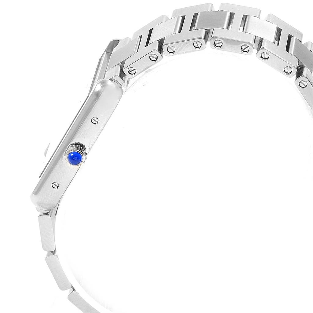 The image shows the side view and bracelet of a Cartier Tank Solo W5200013 Women's Stainless Steel Silver Dial W5200013 Women's Stainless Steel Silver Dial watch, highlighting the crown and part of the metal bracelet.