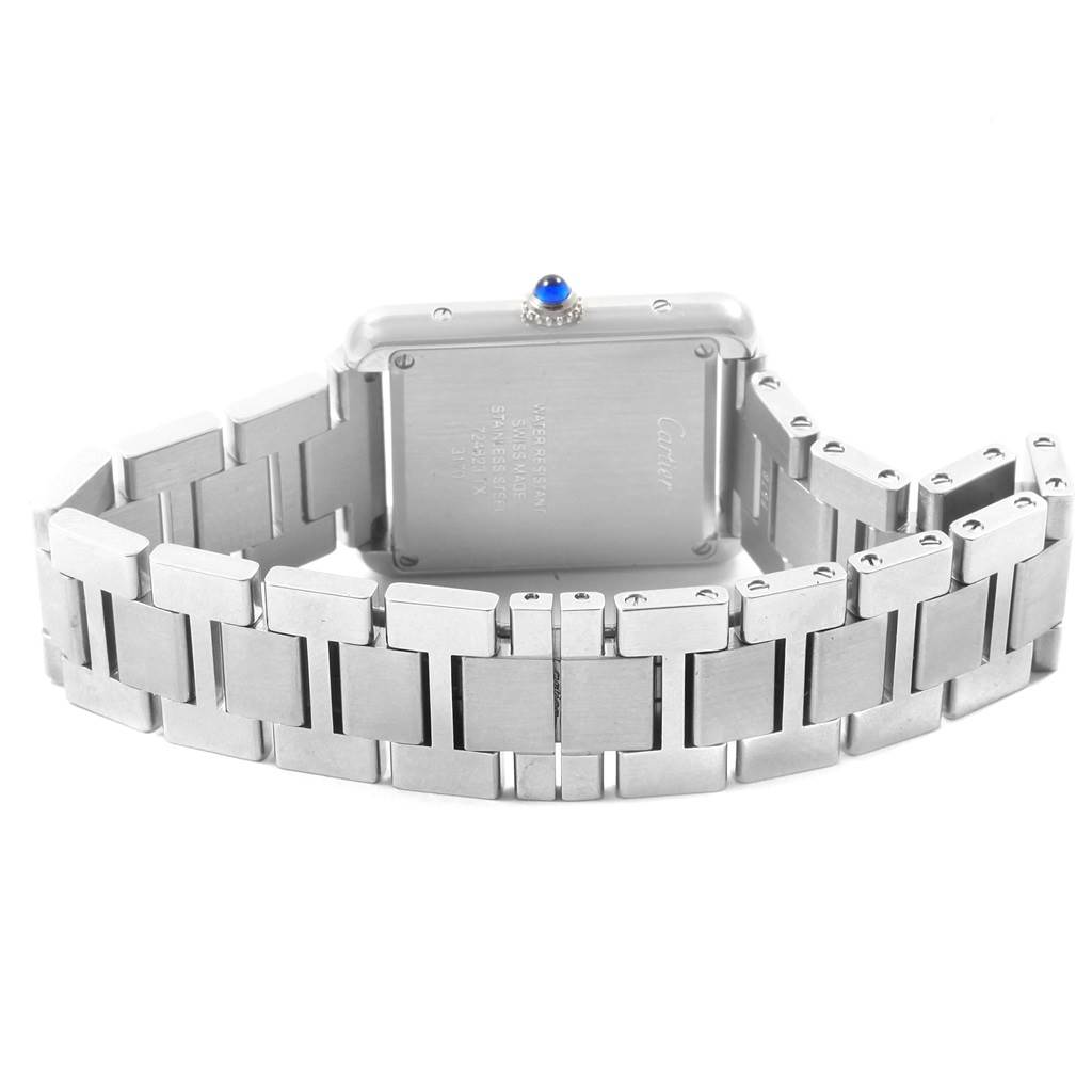 The image shows the back of the Cartier Tank Solo W5200013 Women's Stainless Steel Silver Dial W5200013 Women's Stainless Steel Silver Dial watch, revealing the case back, crown, and the stainless steel bracelet.
