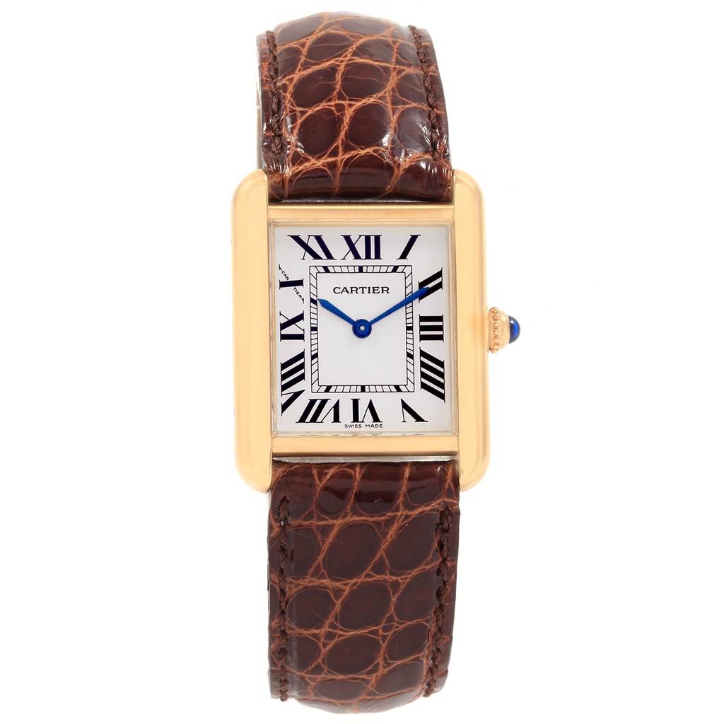 This image shows a front view of the Cartier Tank Solo W1018755 Women's Steel and Gold (two tone) Silver Dial W1018755 Women's Steel and Gold (two tone) Silver Dial watch, displaying its face, brown leather strap, and gold case.