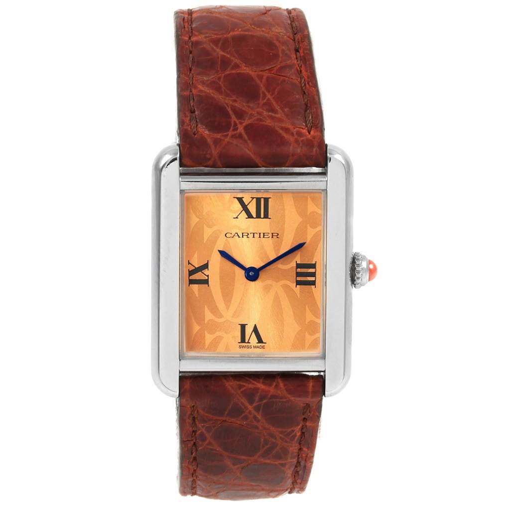The Cartier Tank Solo W1019455 Women's Stainless Steel Orange Dial W1019455 Women's Stainless Steel Orange Dial watch is shown from the front, featuring a leather strap and an orange dial with Roman numerals.