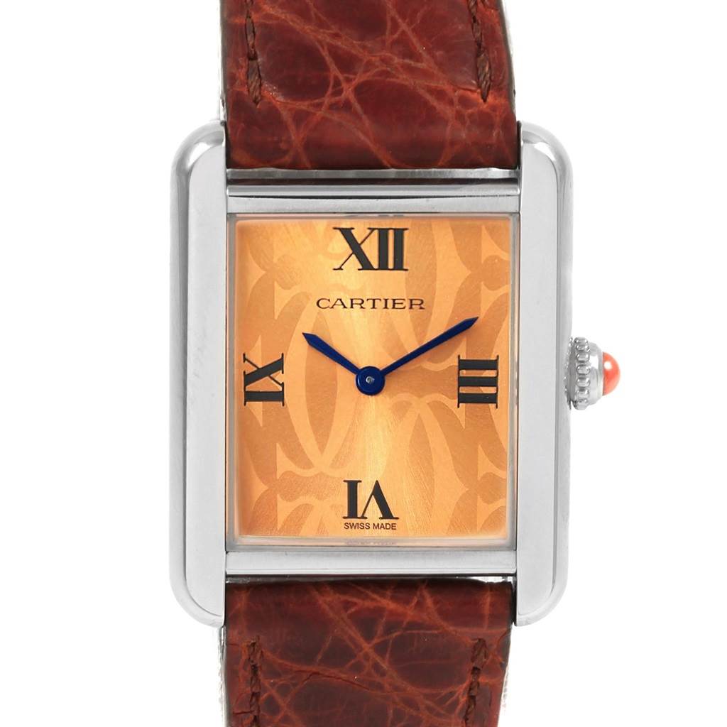 The image shows the front view of a Cartier Tank Solo W1019455 Women's Stainless Steel Orange Dial W1019455 Women's Stainless Steel Orange Dial watch, displaying the dial, hands, case, crown, and leather strap.