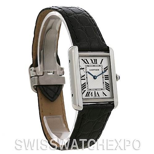 The image shows a side angle view of a Cartier Tank Solo W5200005 Women
s Stainless Steel Silver Dial W5200005 Women
s Stainless Steel Silver Dial watch, highlighting its rectangular case, Roman numeral dial, and black leather strap.