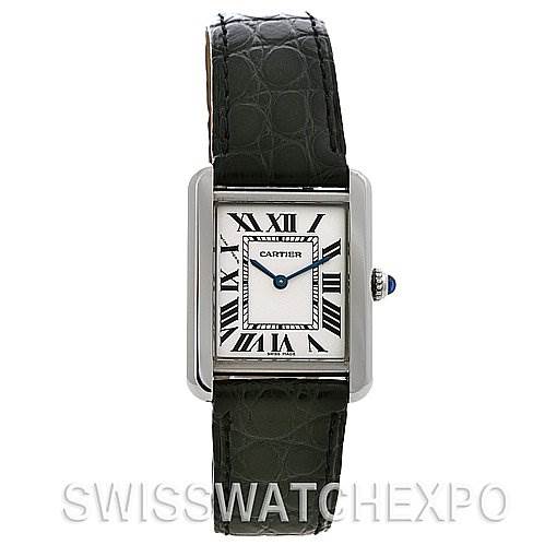This image shows a front view of the Cartier Tank Solo W5200005 Women
s Stainless Steel Silver Dial W5200005 Women
s Stainless Steel Silver Dial watch, highlighting its rectangular face, Roman numerals, and leather strap.