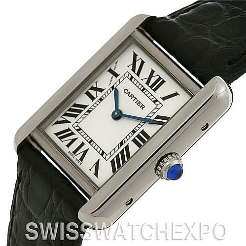 This image shows a Cartier Tank Solo W5200005 Women
s Stainless Steel Silver Dial W5200005 Women
s Stainless Steel Silver Dial watch at an angle highlighting its face, crown, and part of the strap.