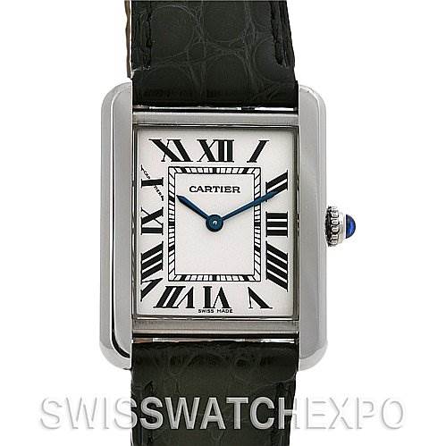 This is a front view of the Cartier Tank Solo W5200005 Women
s Stainless Steel Silver Dial W5200005 Women
s Stainless Steel Silver Dial watch, displaying the face, Roman numerals, crown, and part of the black leather strap.