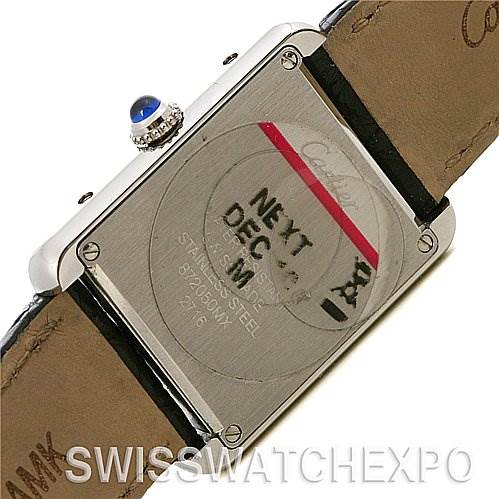 This image shows the back case and partially the strap of a Cartier Tank Solo W5200005 Women
s Stainless Steel Silver Dial W5200005 Women
s Stainless Steel Silver Dial watch.