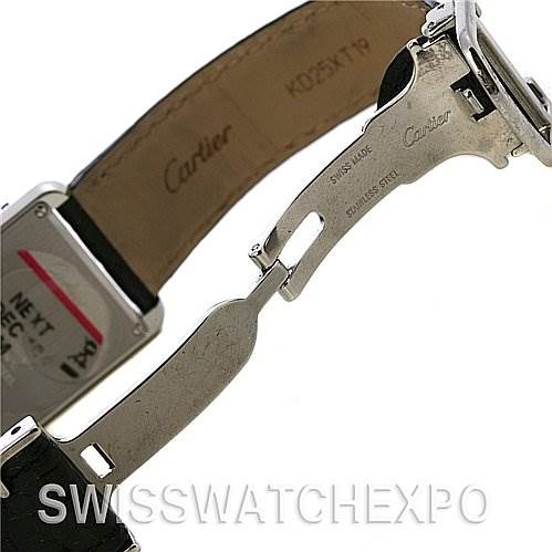 The image shows the clasp and part of the leather strap of a Cartier Tank Solo W5200005 Women
s Stainless Steel Silver Dial W5200005 Women
s Stainless Steel Silver Dial watch.