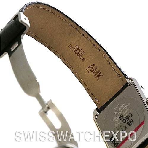 The image shows the back of the strap and caseback of a Cartier Tank Solo W5200005 Women
s Stainless Steel Silver Dial W5200005 Women
s Stainless Steel Silver Dial watch, highlighting the inscription "MADE IN FRANCE."