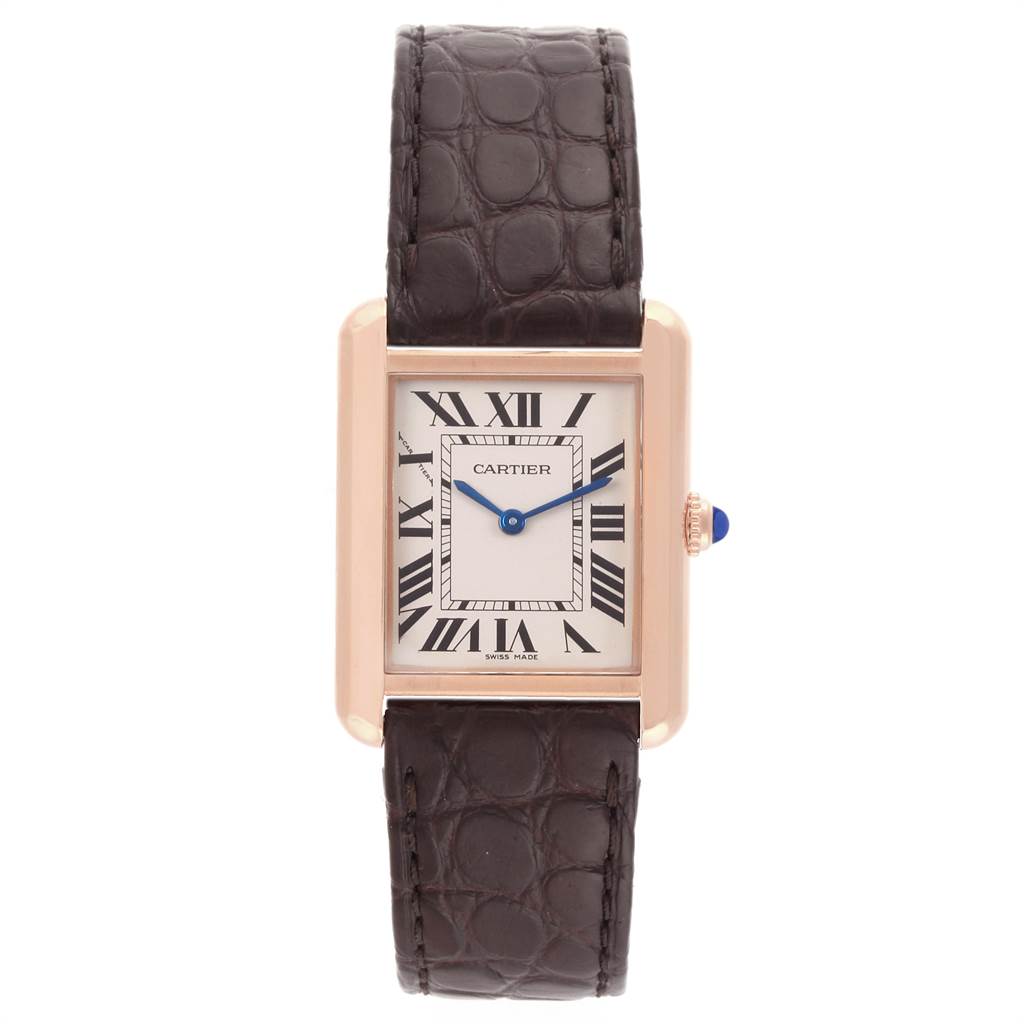 This is a front view of the Cartier Tank Solo W5200024 Women's Steel and Gold (two tone) Silver Dial W5200024 Women's Steel and Gold (two tone) Silver Dial watch, showing the face, strap, dial, and crown.