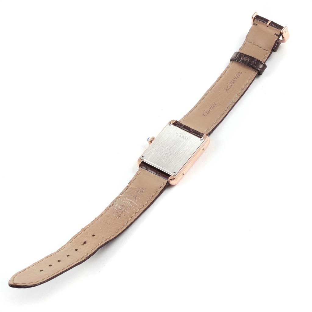 The Cartier Tank Solo W5200024 Women's Steel and Gold (two tone) Silver Dial W5200024 Women's Steel and Gold (two tone) Silver Dial watch is shown from the back, displaying the case back, strap, and buckle.