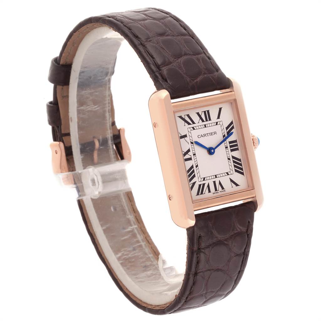 The image shows a Cartier Tank Solo W5200024 Women's Steel and Gold (two tone) Silver Dial W5200024 Women's Steel and Gold (two tone) Silver Dial watch at a three-quarter angle, highlighting the face, Roman numerals, and brown leather strap.