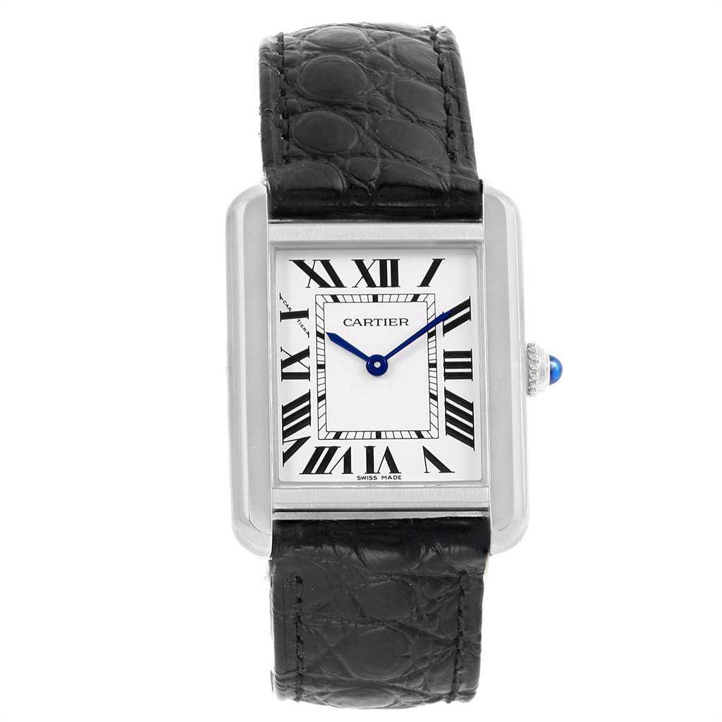 The Cartier Tank Solo W1018255 Women's Stainless Steel Silver Dial W1018255 Women's Stainless Steel Silver Dial watch is shown from a front angle, displaying the face, case, and black leather strap.