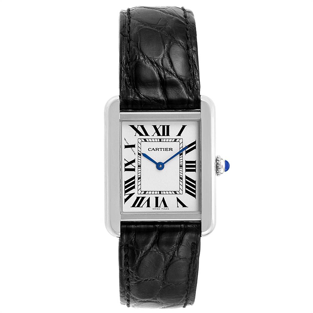 This image shows a front view of the Cartier Tank Solo W1018255 Women's Stainless Steel Silver Dial W1018255 Women's Stainless Steel Silver Dial watch, displaying its face, Roman numerals, and black leather strap.