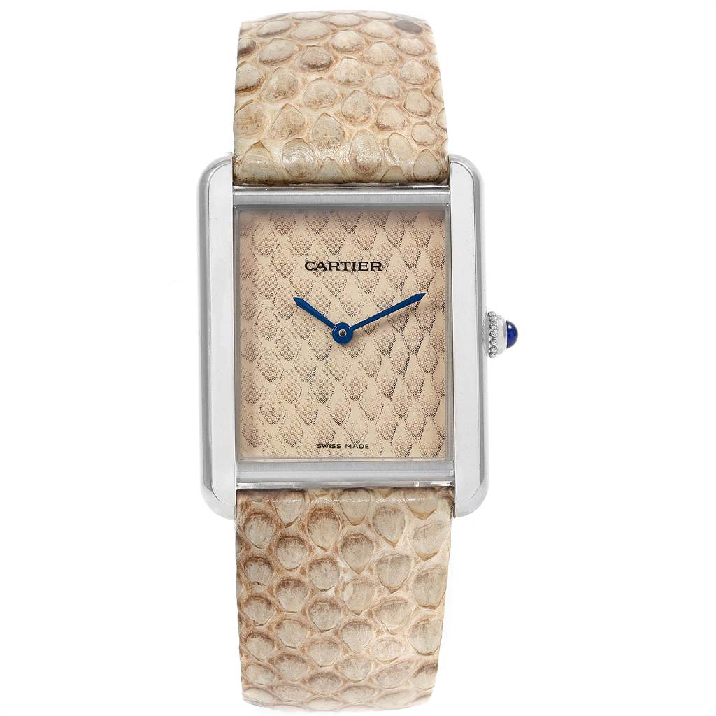 The image shows a front view of a Cartier Tank Solo W5200020 Women's Stainless Steel Blue Dial W5200020 Women's Stainless Steel Blue Dial watch with a snake skin pattern dial and strap.