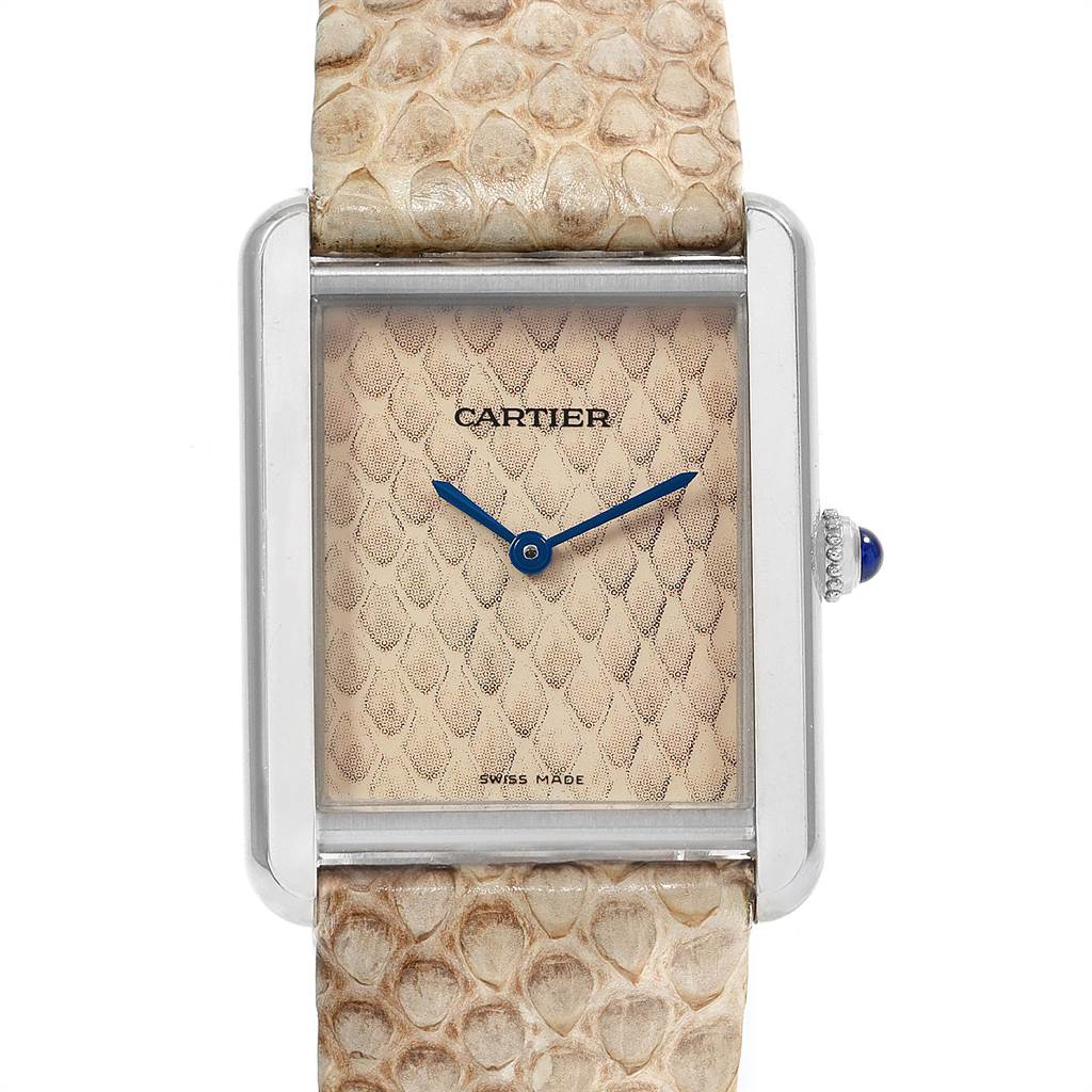 This image shows a close-up of the Cartier Tank Solo W5200020 Women's Stainless Steel Blue Dial W5200020 Women's Stainless Steel Blue Dial watch featuring a rectangular dial and a textured strap.