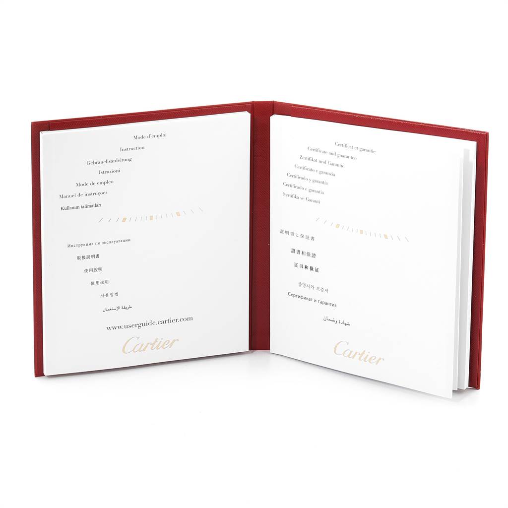 This image shows the instruction manual and warranty certificate for the Cartier Tank Solo W5200005 Women's Stainless Steel Silver Dial W5200005 Women's Stainless Steel Silver Dial watch.